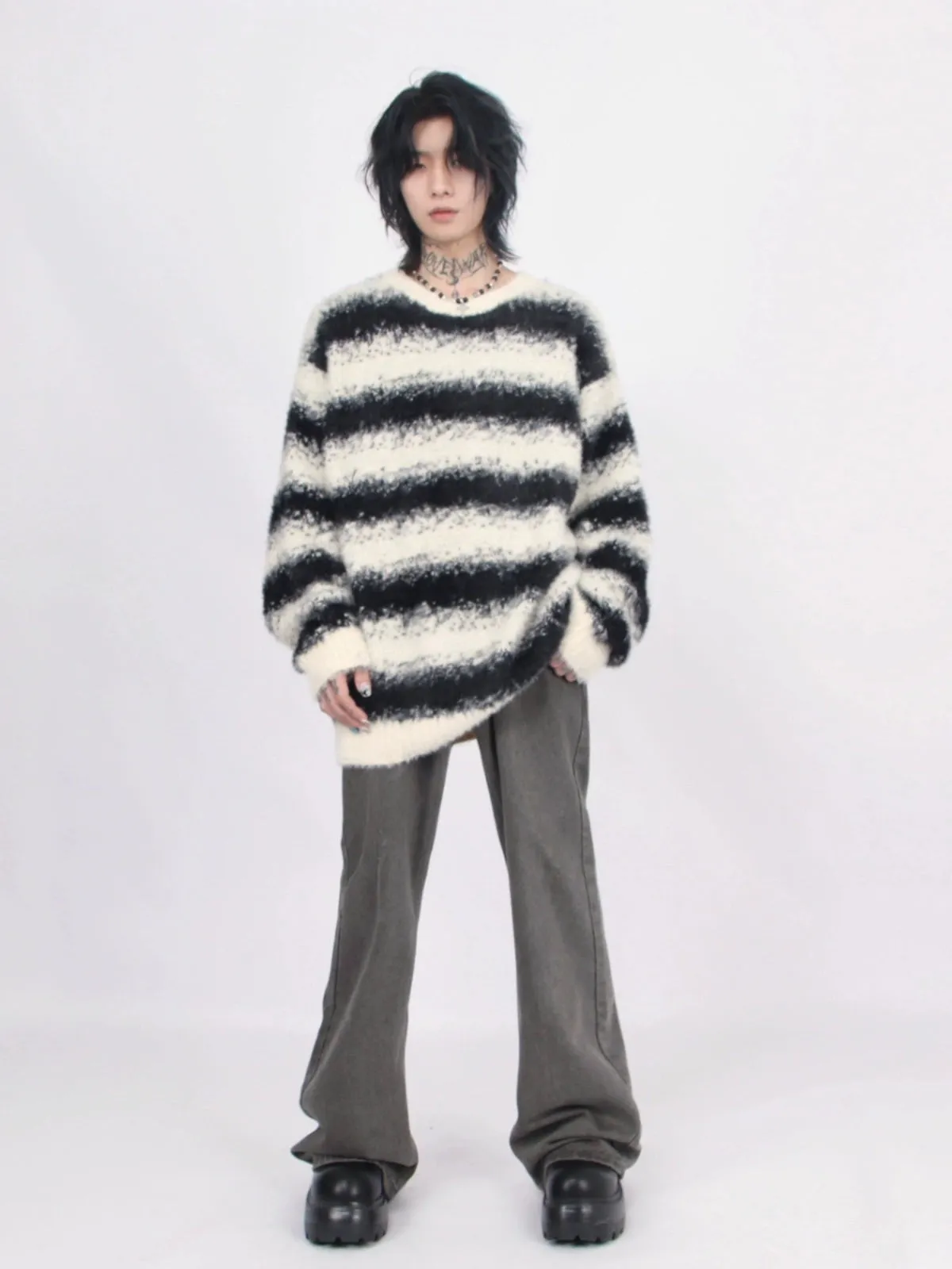 Oversized Striped Fuzzy Knit Sweater