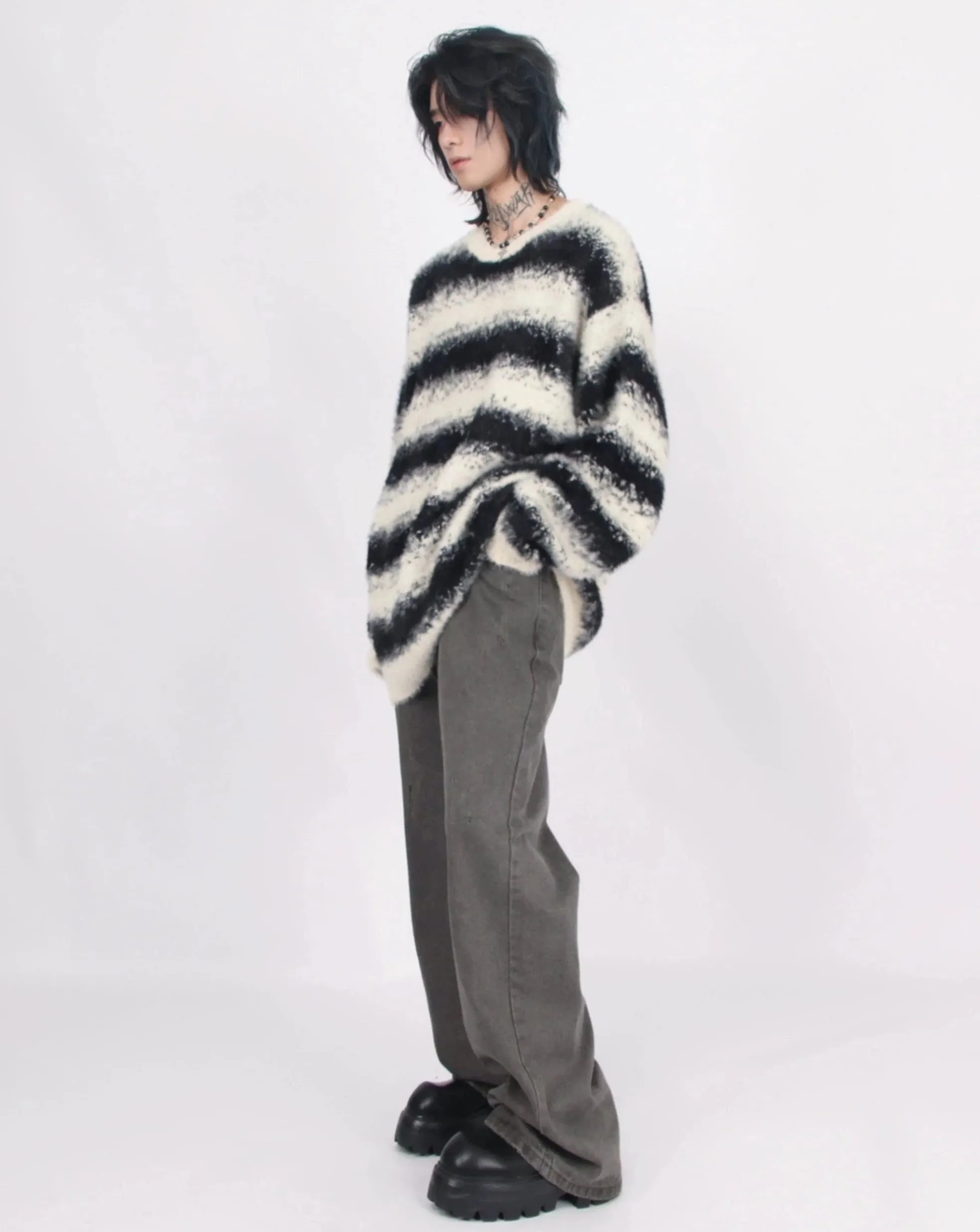 Oversized Striped Fuzzy Knit Sweater