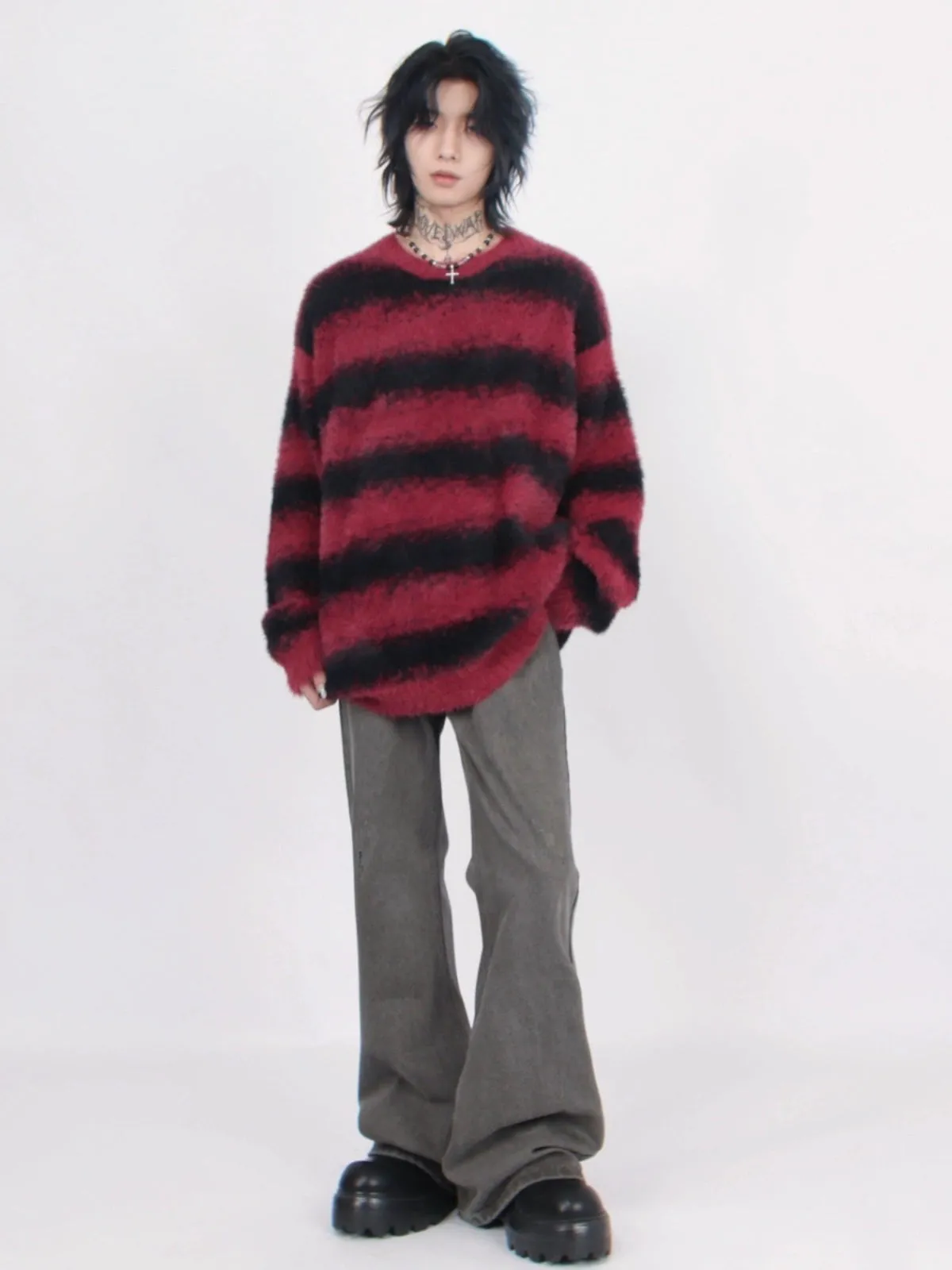 Oversized Striped Fuzzy Knit Sweater