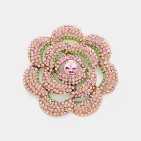 Pink and Green Stone Paved Rose Pin Brooch