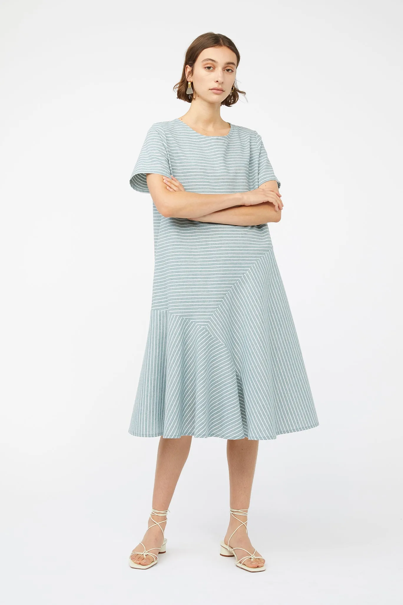 REFRACTION DRESS [ Sage Green & White Stripe Cotton ]