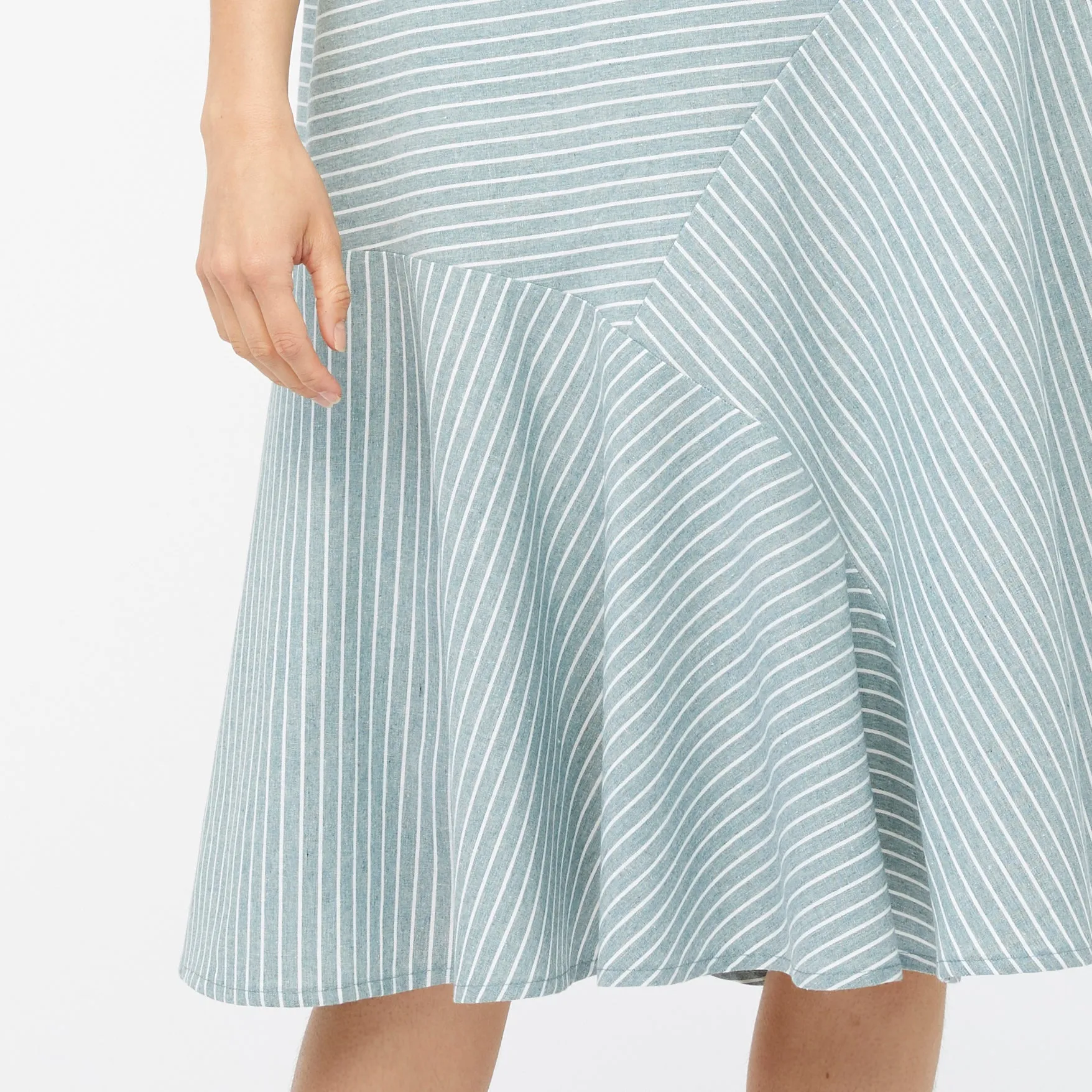 REFRACTION DRESS [ Sage Green & White Stripe Cotton ]