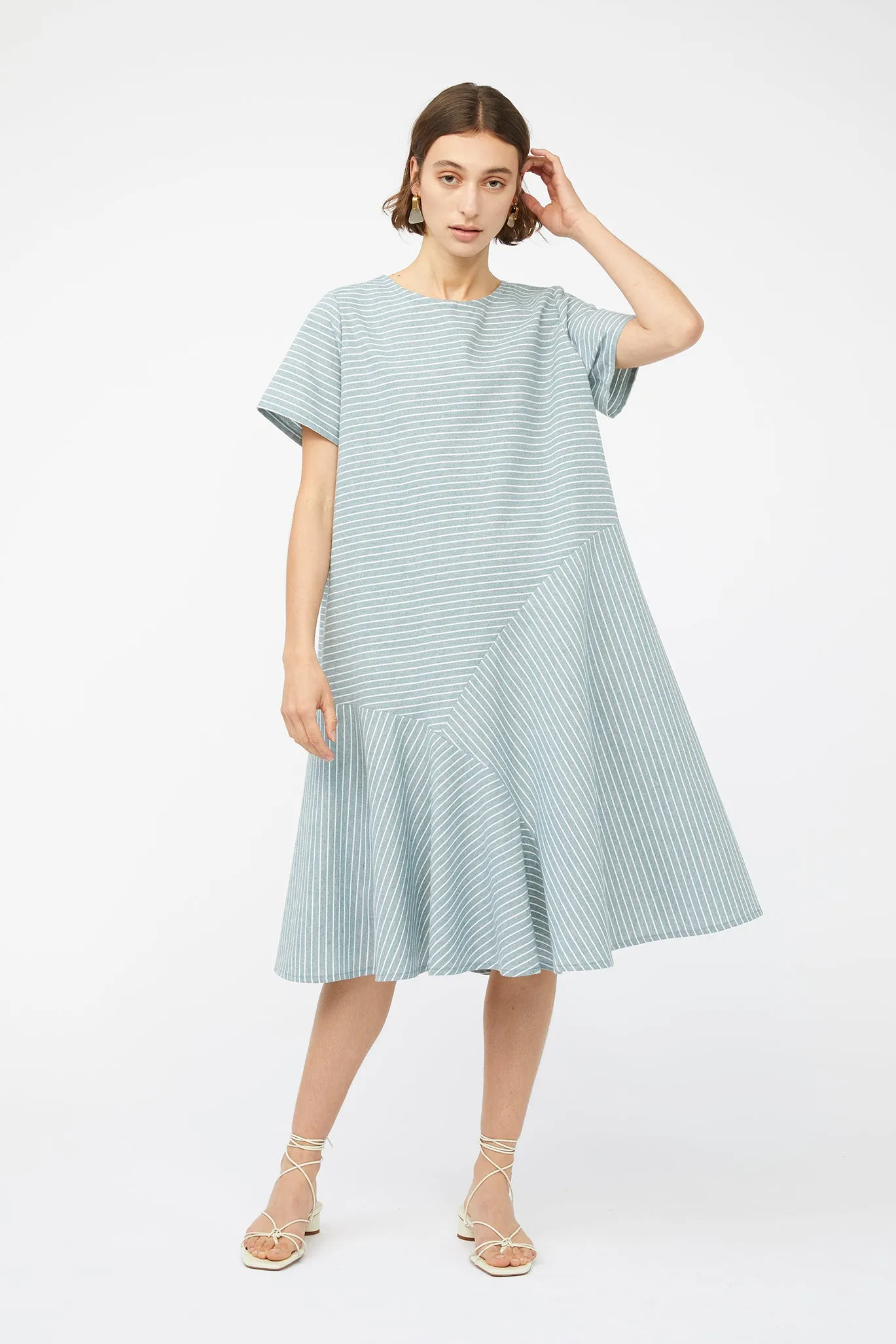 REFRACTION DRESS [ Sage Green & White Stripe Cotton ]