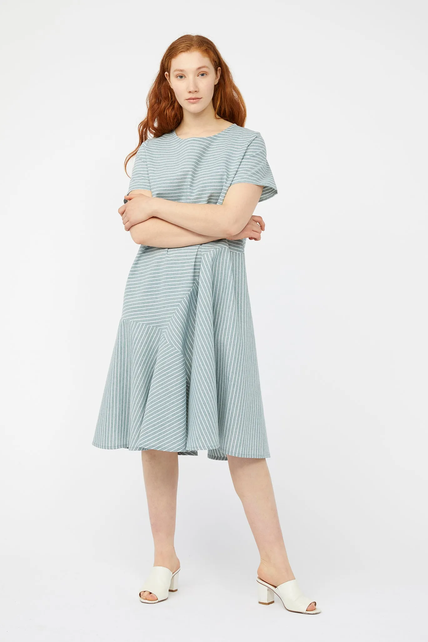 REFRACTION DRESS [ Sage Green & White Stripe Cotton ]