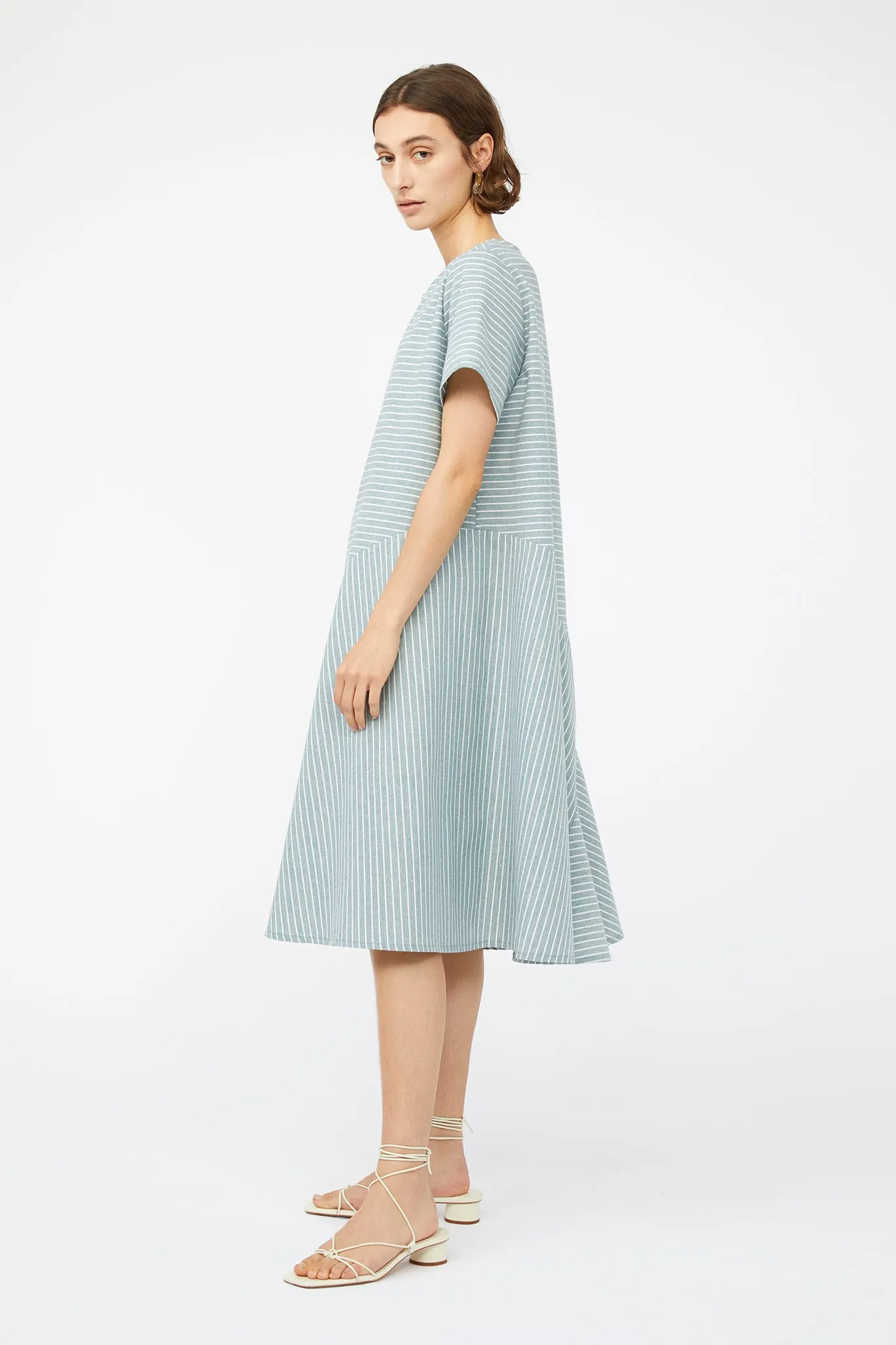 REFRACTION DRESS [ Sage Green & White Stripe Cotton ]