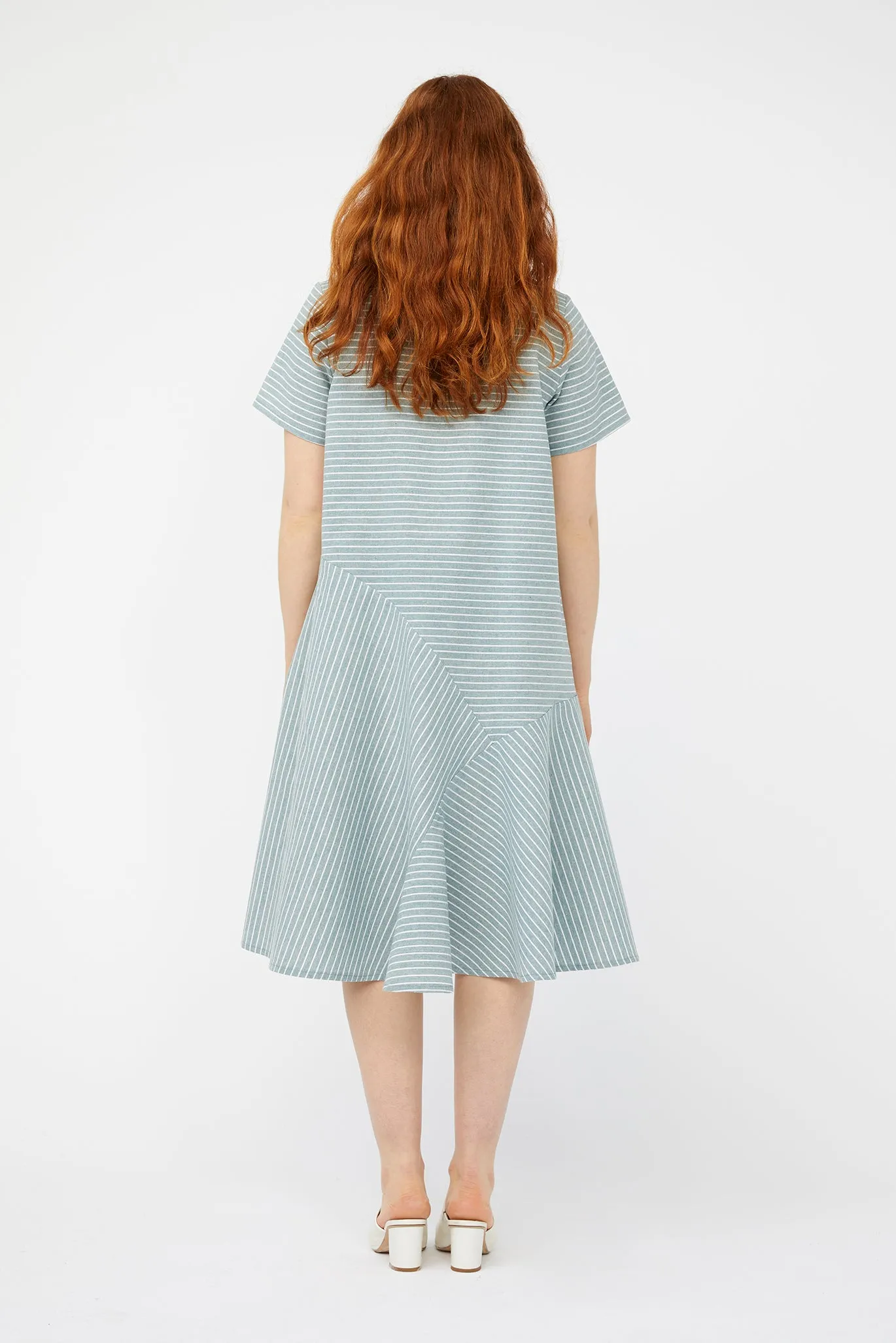 REFRACTION DRESS [ Sage Green & White Stripe Cotton ]