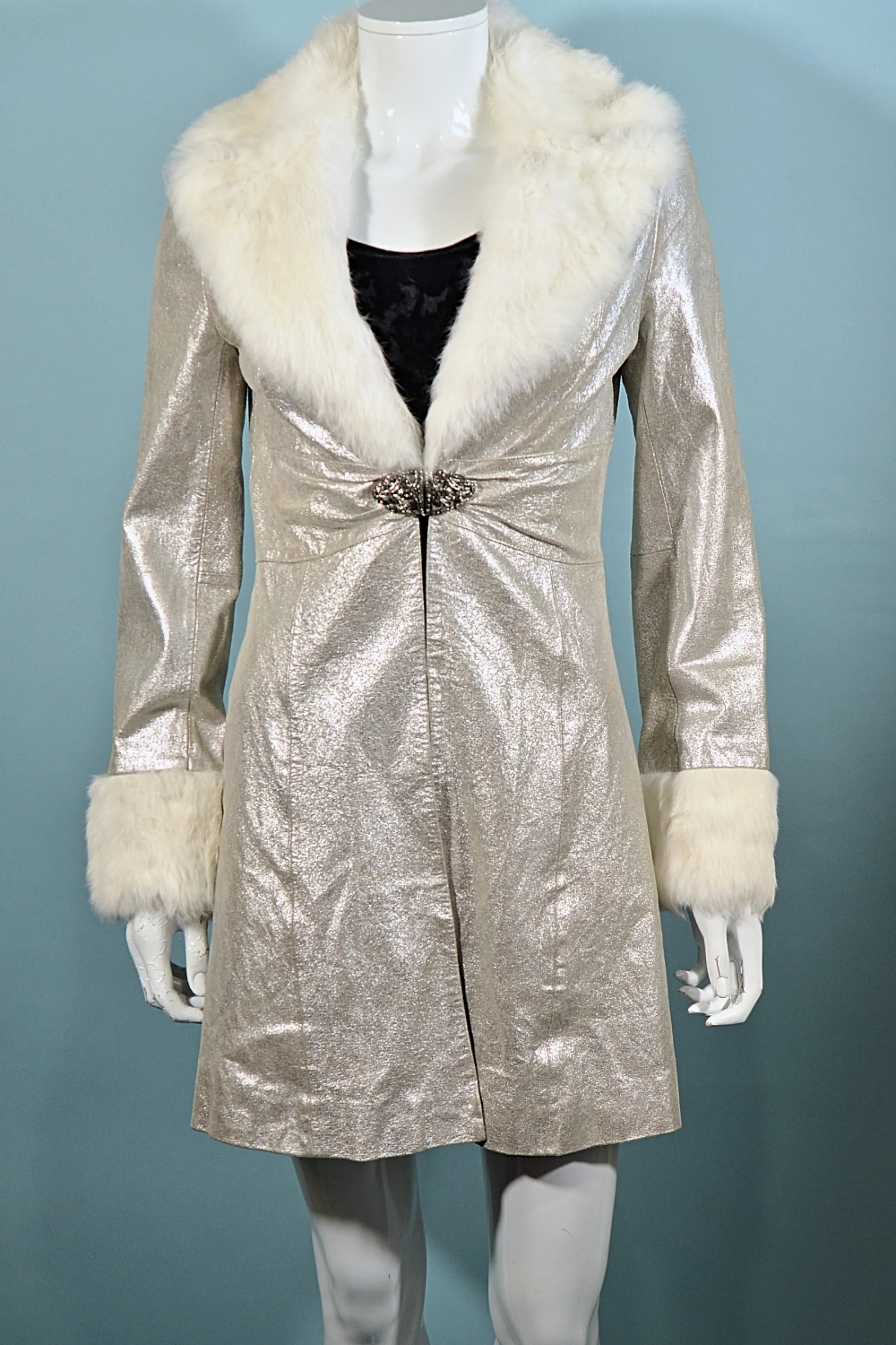 SOLD Y2K Bebe Silver Leather Coat Fur Trim S