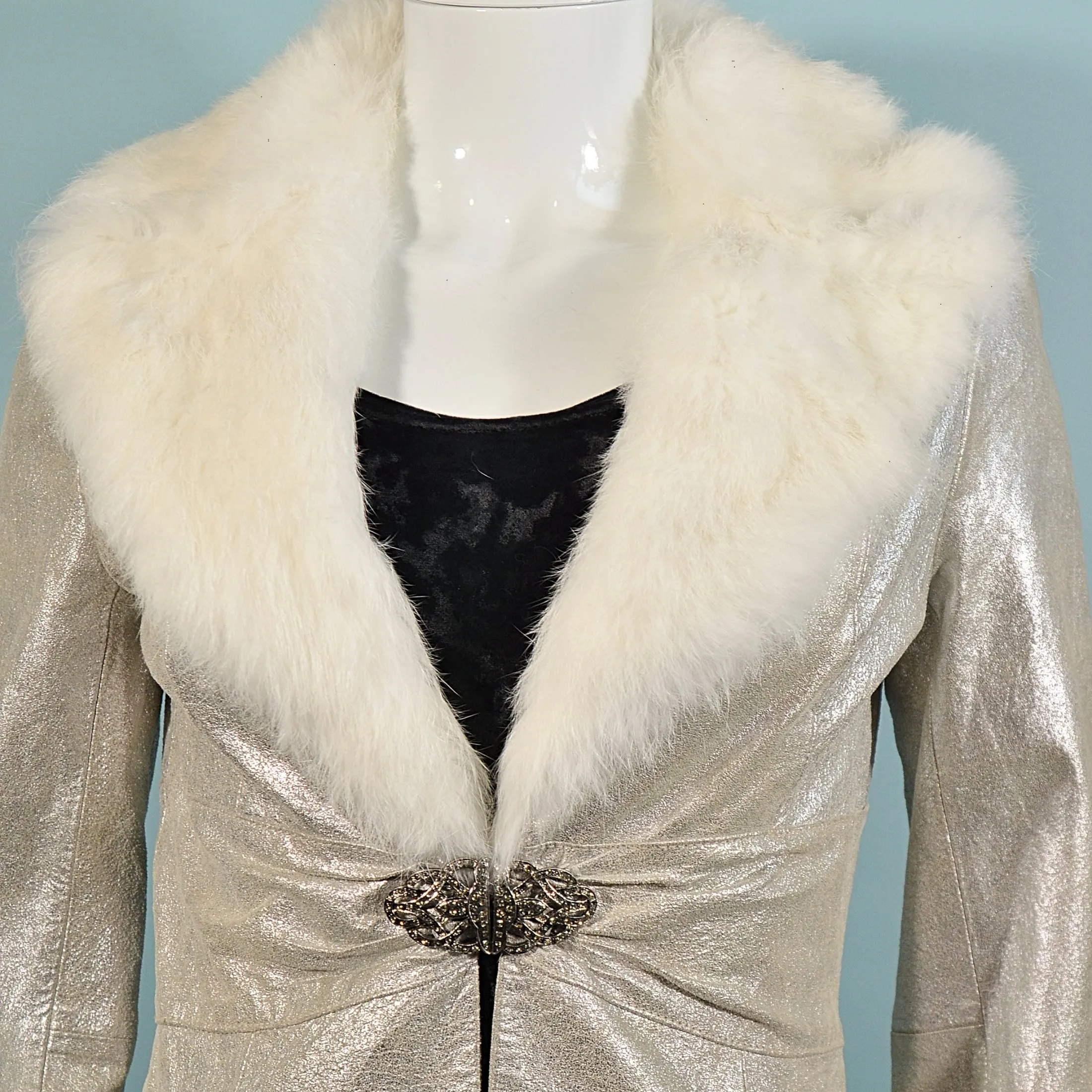 SOLD Y2K Bebe Silver Leather Coat Fur Trim S