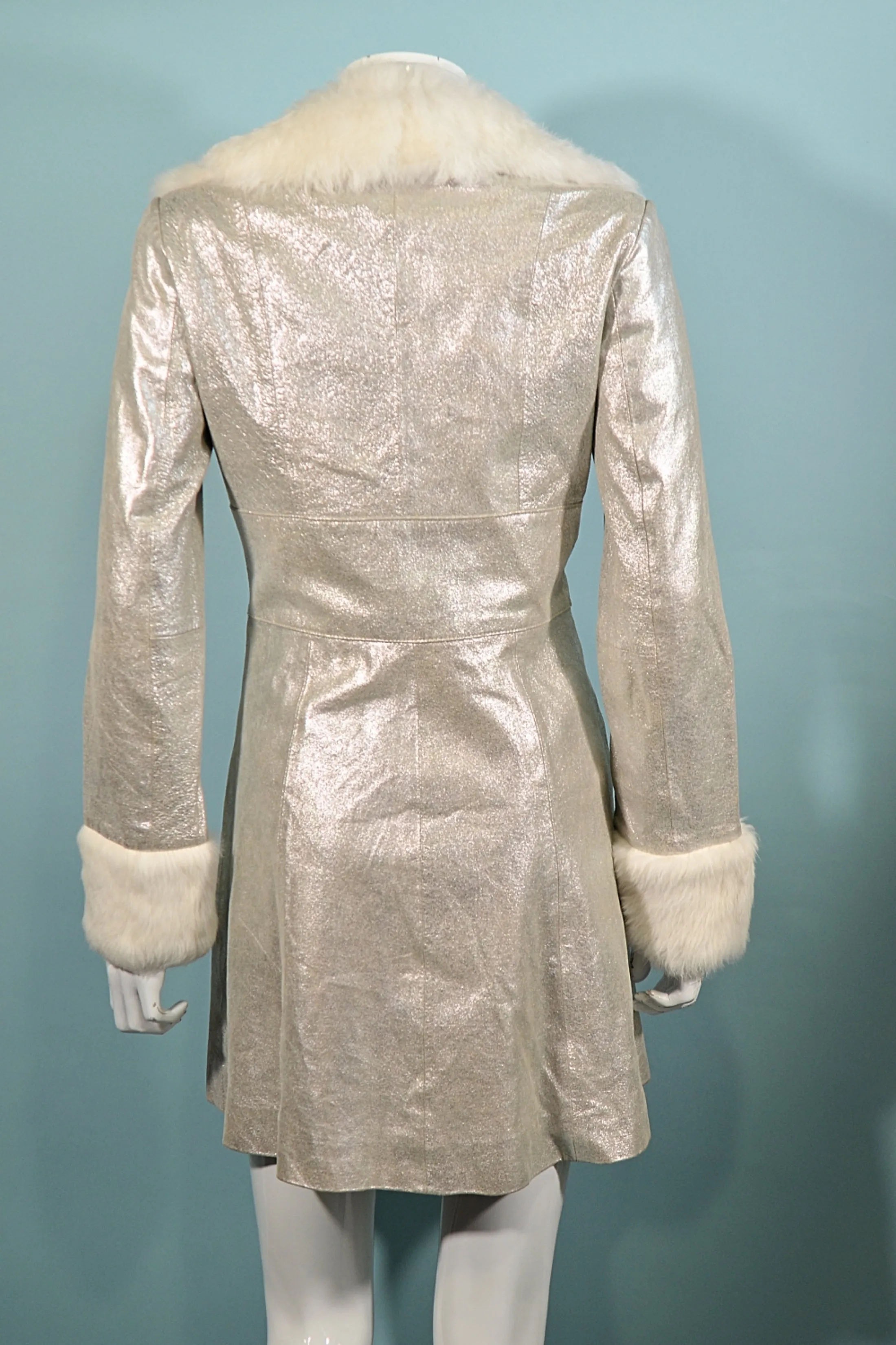 SOLD Y2K Bebe Silver Leather Coat Fur Trim S