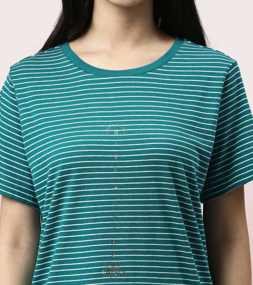 Tunic Tee – Stripes | Short Sleeve Tunic Tee With Side Slit & Mindful Graphic