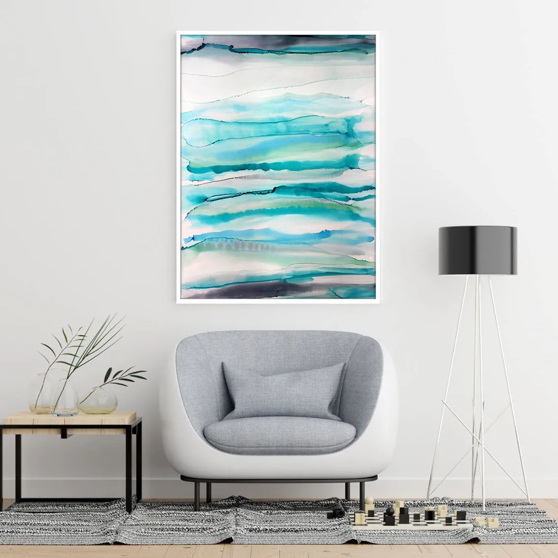 Vertical aqua blue & grey abstract alcohol ink art print