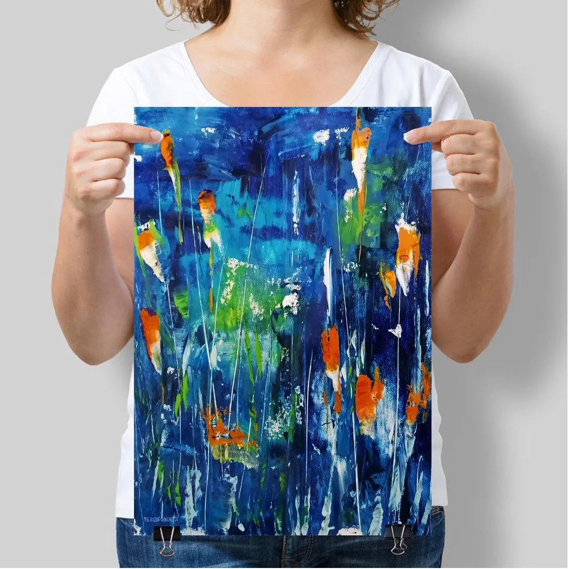 Vertical dark blue & orange abstract floral wall art print