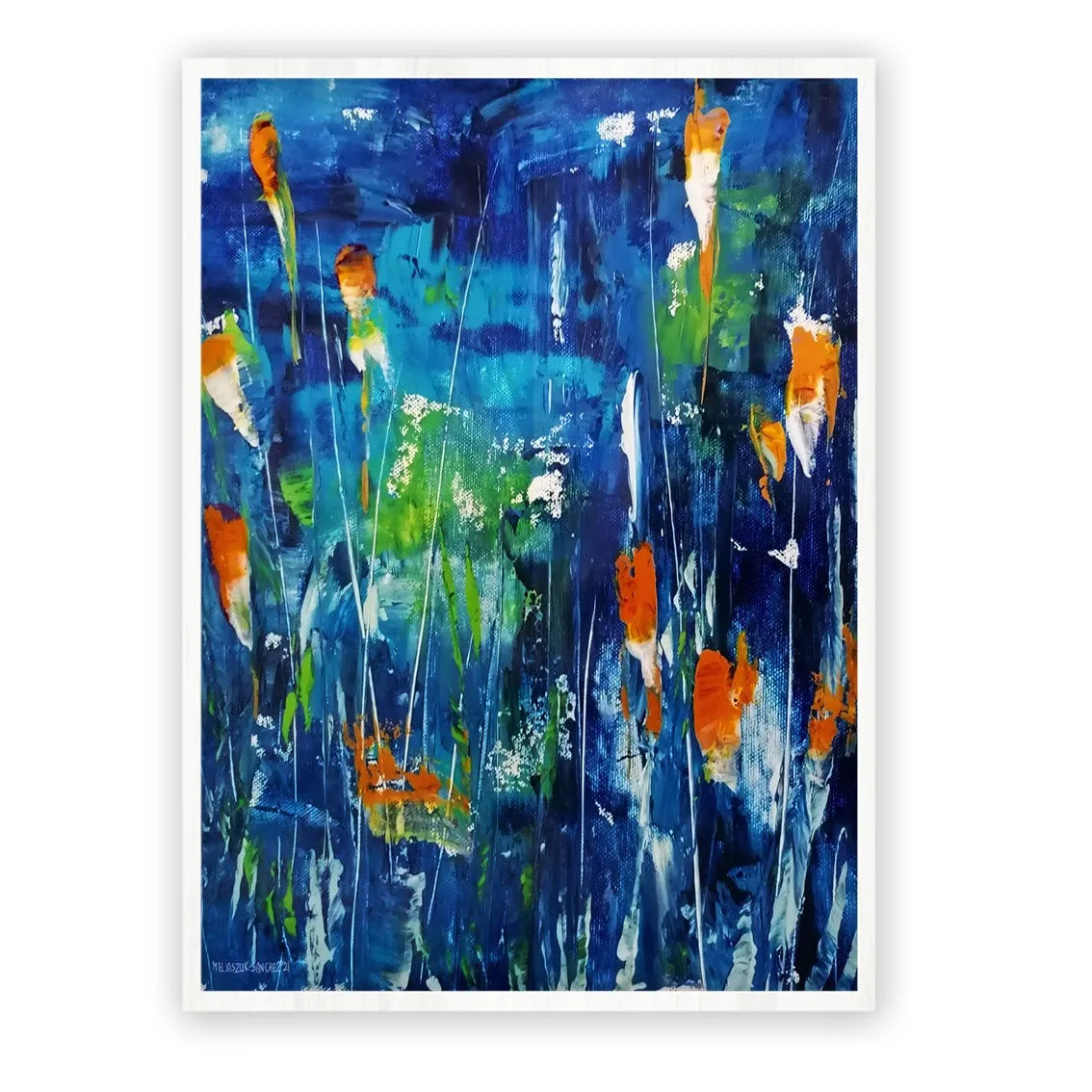 Vertical dark blue & orange abstract floral wall art print