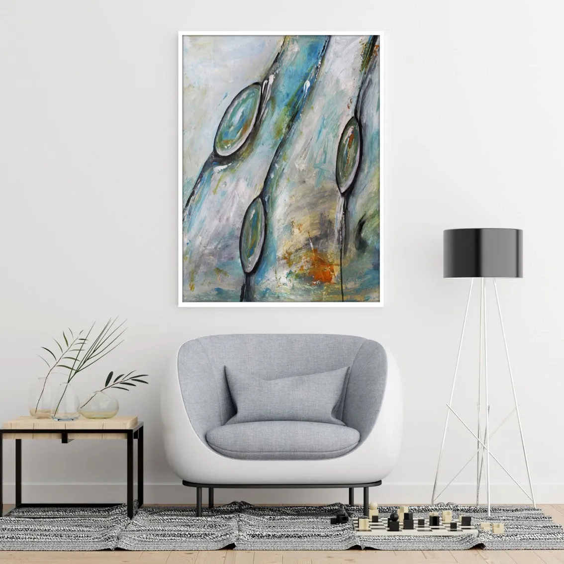 Vertical neutral & blue abstract wall art print