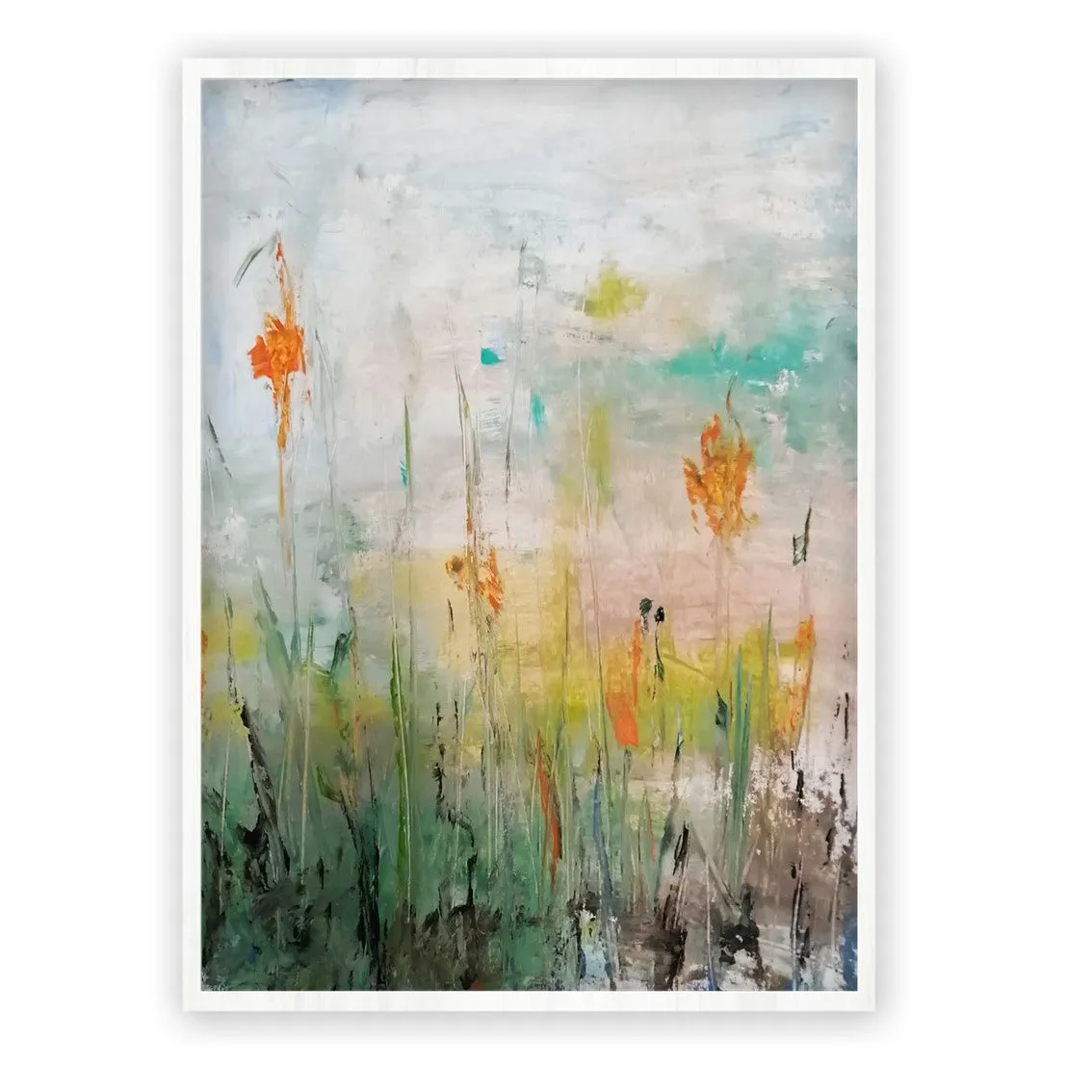 Vertical orange & green abstract floral wall art print