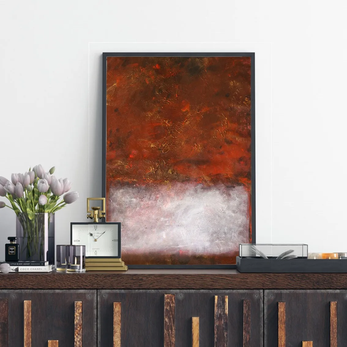 Vertical red, white & gold abstract wall art print