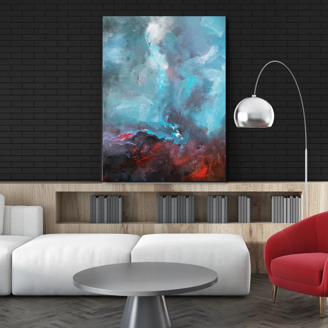 Vertical sky blue & red abstract wall art print