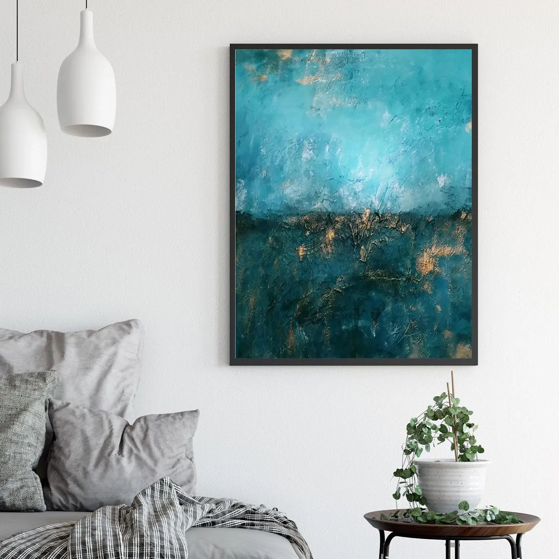 Vertical teal, green & gold abstract wall art print