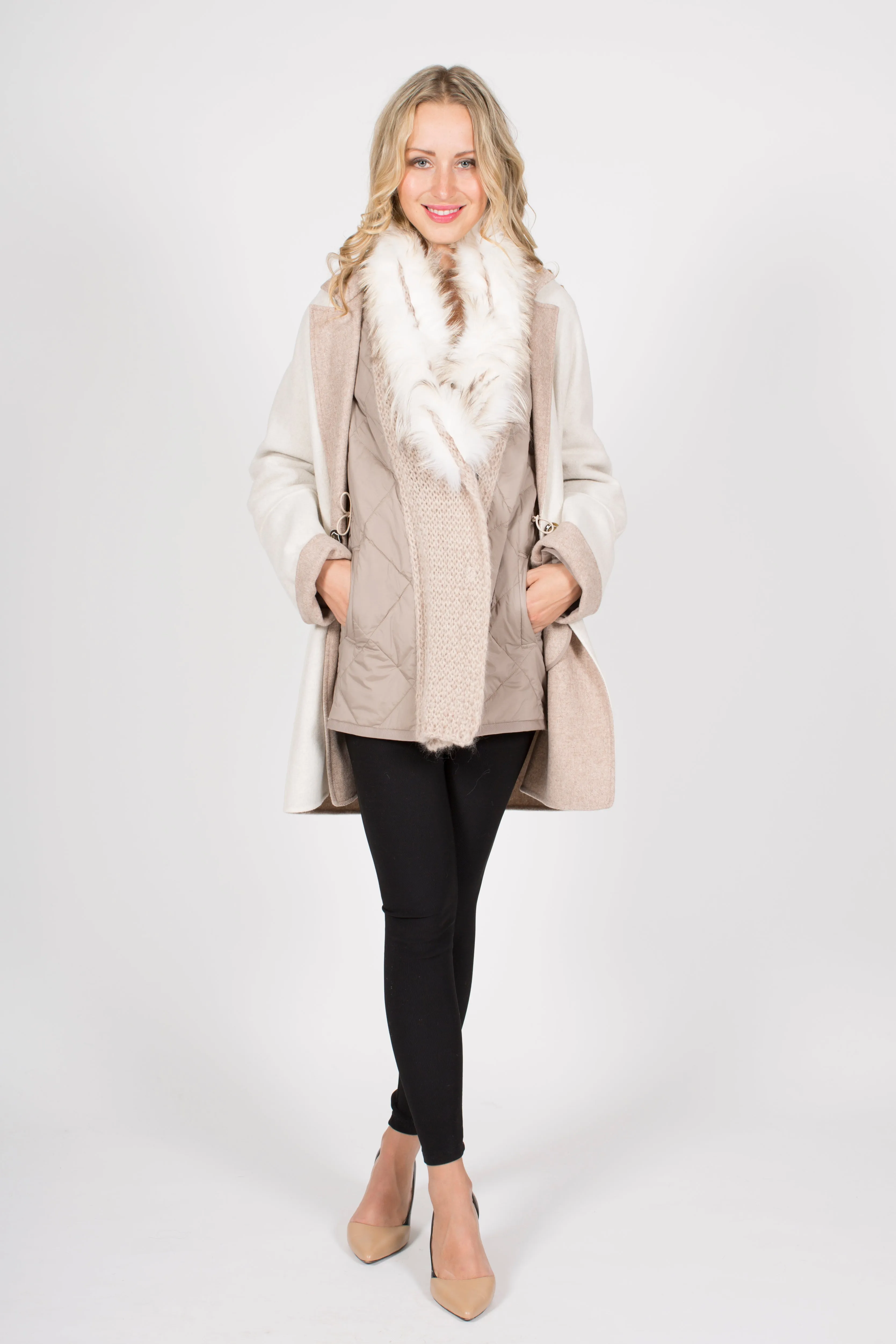 Wool Blend Coat with Fox Trim and Detachable Lining